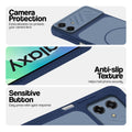 Blue phone case for Samsung M07 showing camera safety edges, anti slip side grip and easy press button covers.