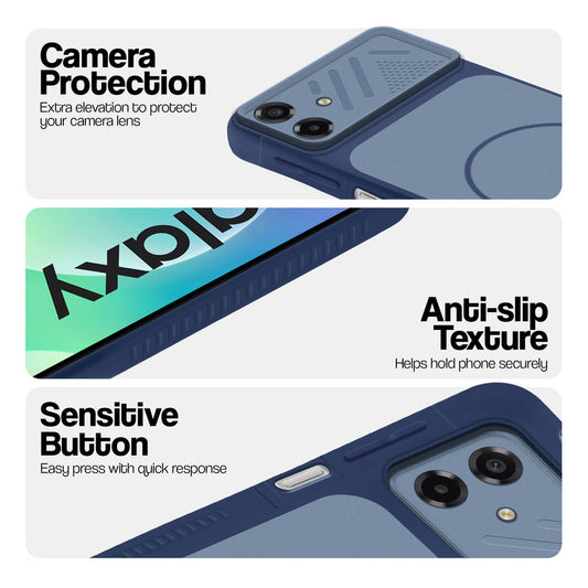 Blue phone case for Samsung M07 showing camera safety edges, anti slip side grip and easy press button covers.