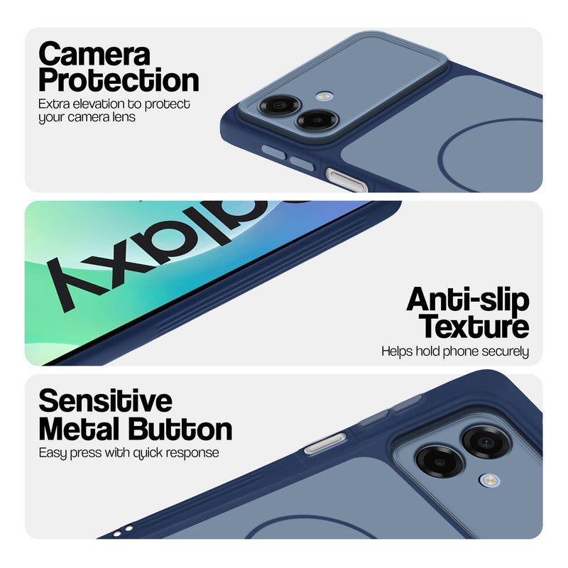 Blue Phone case for Samsung M07 highlighting raised camera protection, anti-slip texture, and responsive side buttons