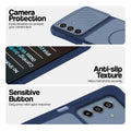 Blue phone case forSamsung M17 5G showing camera safety edges, anti slip side grip and easy press button covers.