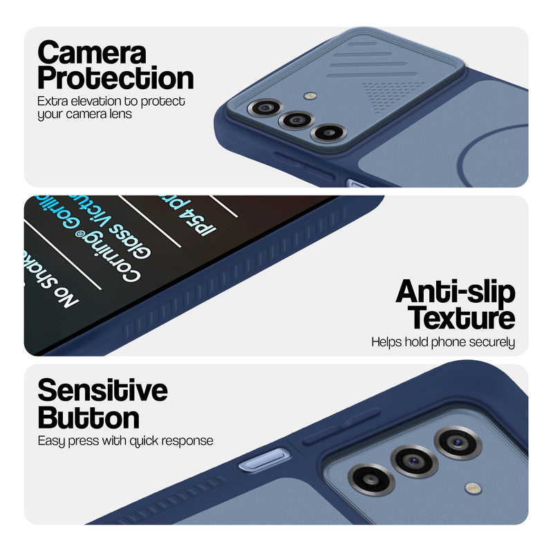 Blue phone case forSamsung M17 5G showing camera safety edges, anti slip side grip and easy press button covers.