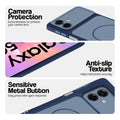 Blue Phone case for Samsung M17e 5G highlighting raised camera protection, anti-slip texture, and responsive side buttons