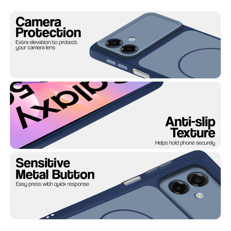 Blue Phone case for Samsung M17e 5G highlighting raised camera protection, anti-slip texture, and responsive side buttons