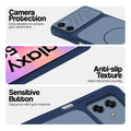 Blue phone case for Samsung M17e 5G showing camera safety edges, anti slip side grip and easy press button covers.