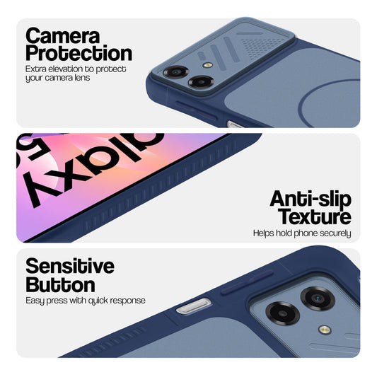 Blue phone case for Samsung M17e 5G showing camera safety edges, anti slip side grip and easy press button covers.