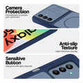 Blue phone case for Samsung M47 5G showing camera safety edges, anti slip side grip and easy press button covers.