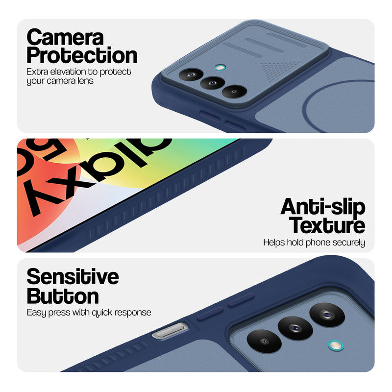 Blue phone case for Samsung M47 5G showing camera safety edges, anti slip side grip and easy press button covers.