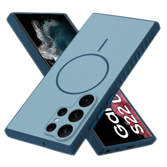 Matte Silicone Dual Color Back Cover with Metal Buttons & Ring Design for Samsung S22 Ultra 5G