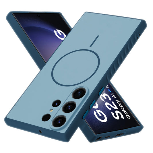 Matte Silicone Dual Color Back Cover with Metal Buttons & Ring Design for Samsung S23 Ultra 5G