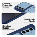Blue phone case for Samsung S24 FE 5G showing camera safety edges, anti slip side grip and easy press button covers.