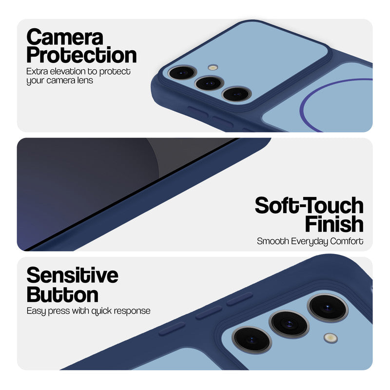 Blue phone case for Samsung S24 FE 5G showing camera safety edges, anti slip side grip and easy press button covers.