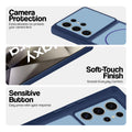 Blue phone case for Samsung S24 Ultra 5G showing camera safety edges, anti slip side grip and easy press button covers.