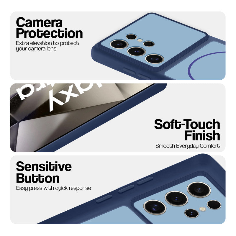 Blue phone case for Samsung S24 Ultra 5G showing camera safety edges, anti slip side grip and easy press button covers.