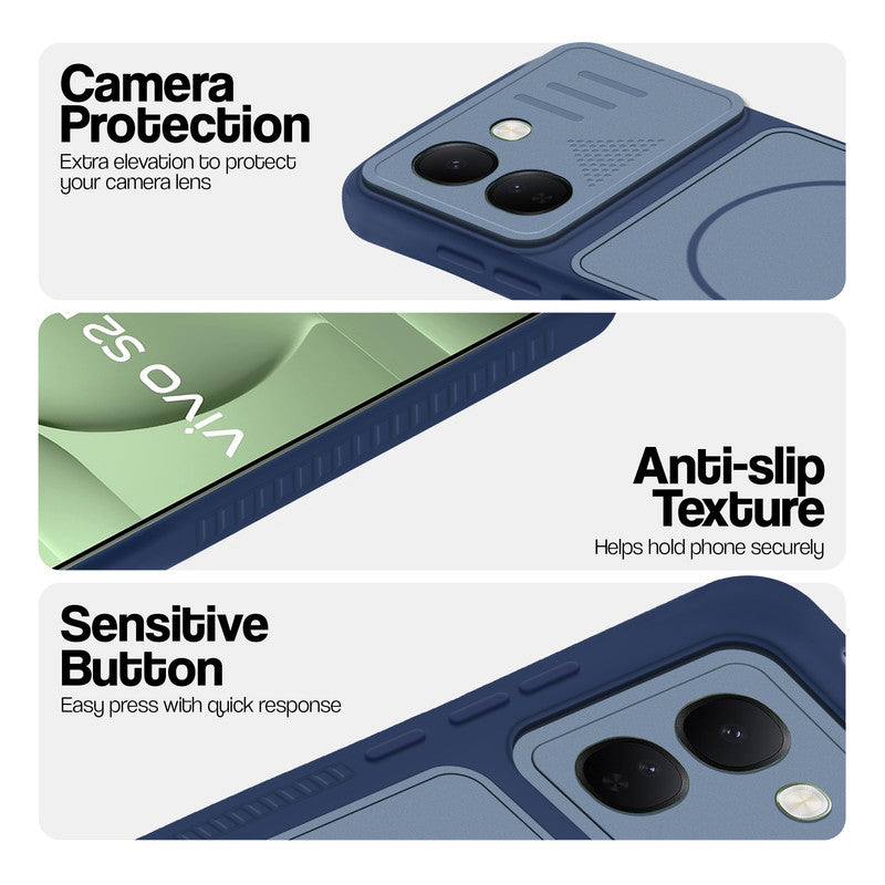 Blue phone case for Vivo S2 FE 5G showing camera safety edges, anti slip side grip and easy press button covers.