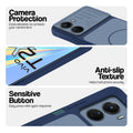 Blue phone case for Vivo T2x 5G showing camera safety edges, anti slip side grip and easy press button covers.
