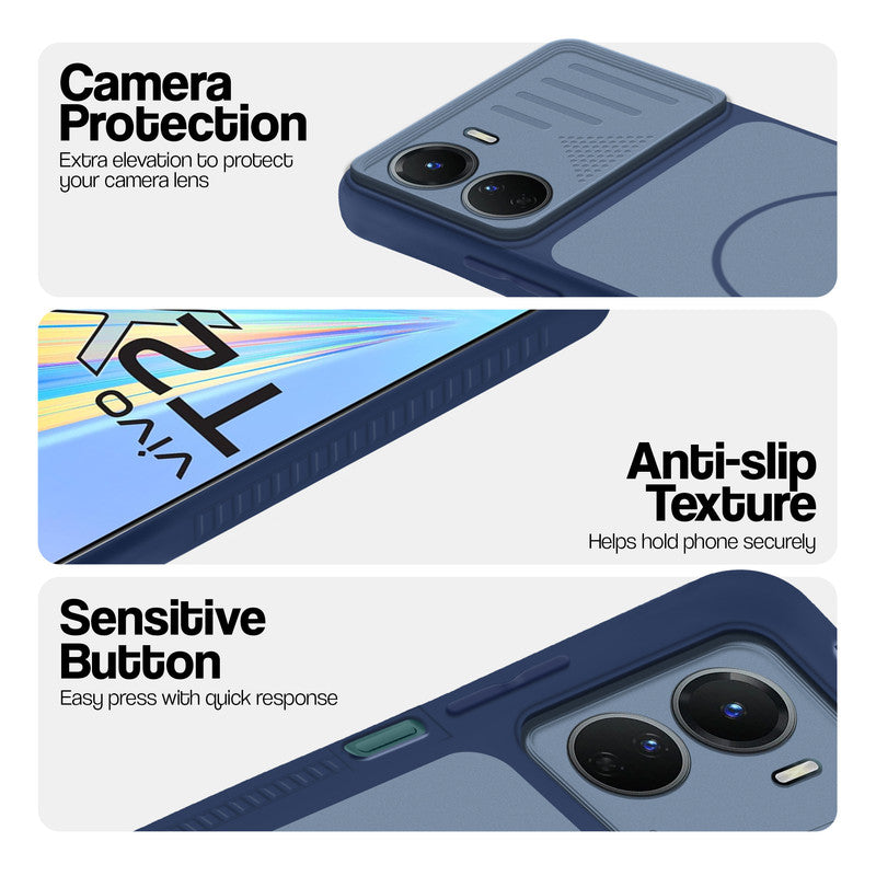 Blue phone case for Vivo T2x 5G showing camera safety edges, anti slip side grip and easy press button covers.