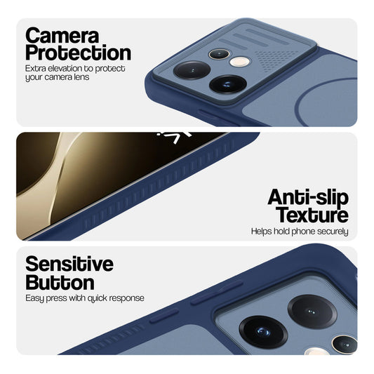 Blue phone case for Vivo T4 Pro 5G showing camera safety edges, anti slip side grip and easy press button covers.