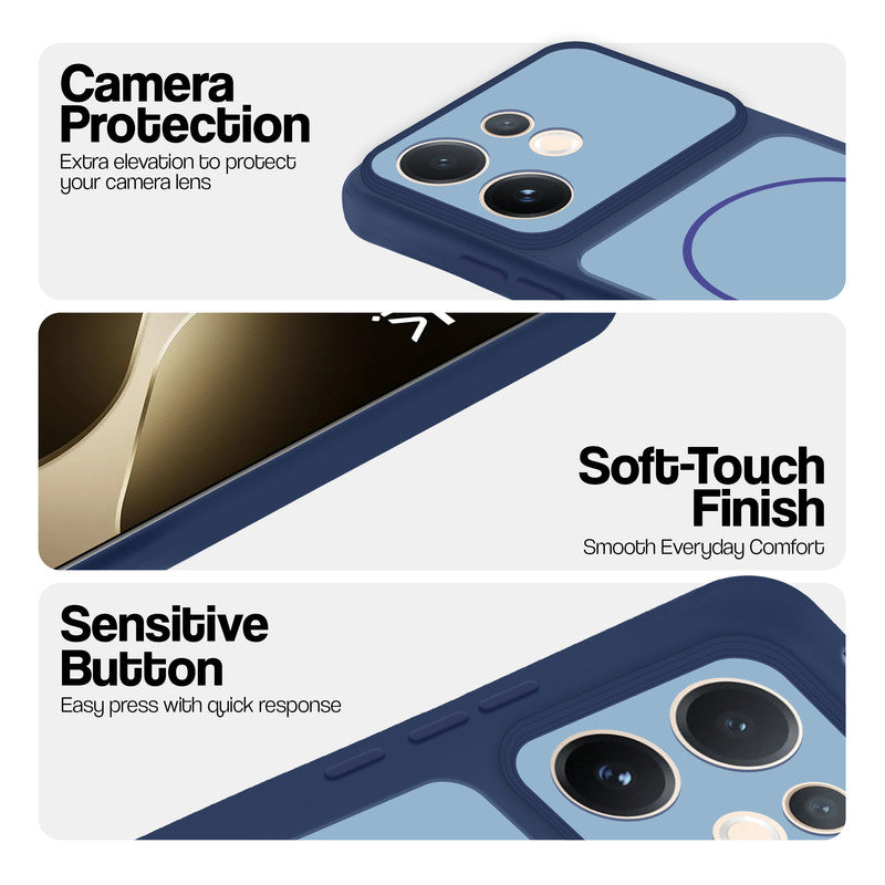 Blue phone case for Vivo T4 Pro 5G showing camera safety edges, anti slip side grip and easy press button covers.