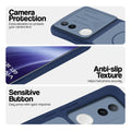 Blue phone case for Vivo T4R 5G showing camera safety edges, anti slip side grip and easy press button covers.