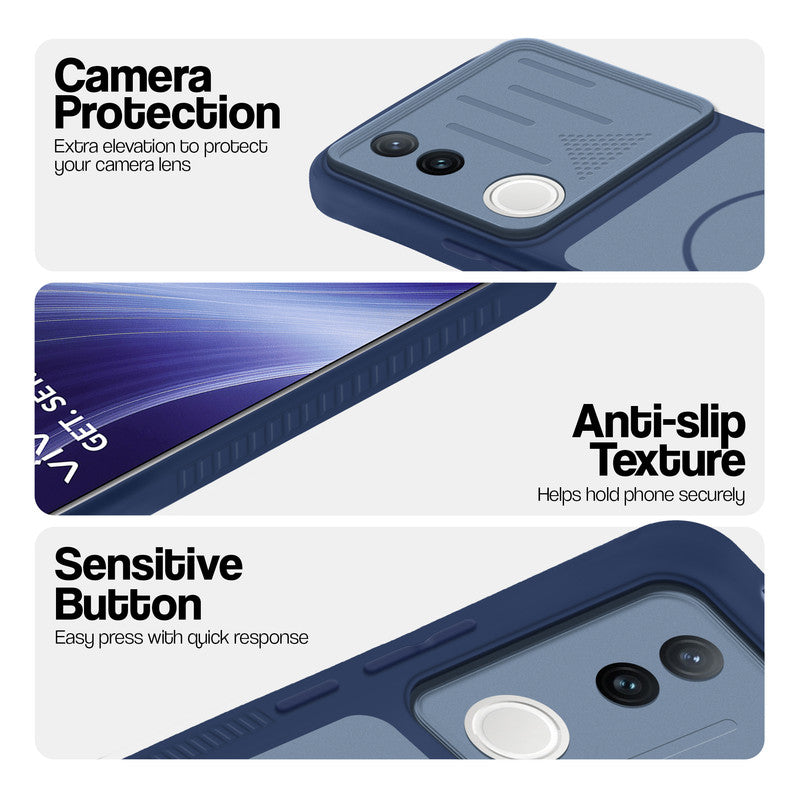 Blue phone case for Vivo T4R 5G showing camera safety edges, anti slip side grip and easy press button covers.