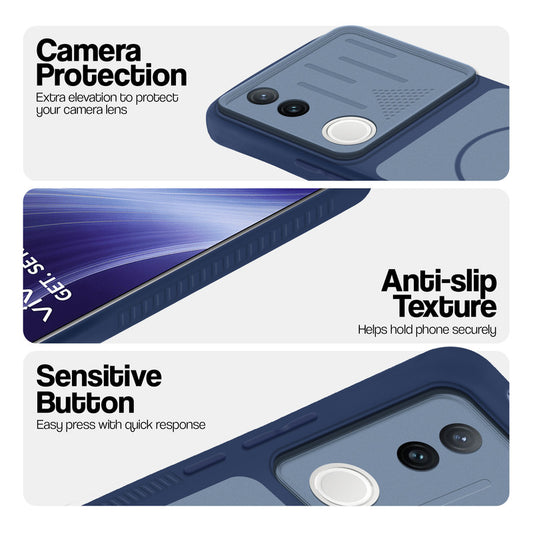 Blue phone case for Vivo T4R 5G showing camera safety edges, anti slip side grip and easy press button covers.