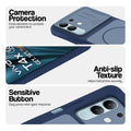 Blue phone case for Vivo T4x 5G showing camera safety edges, anti slip side grip and easy press button covers.