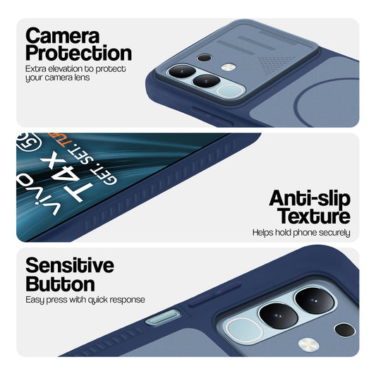 Blue phone case for Vivo T4x 5G showing camera safety edges, anti slip side grip and easy press button covers.