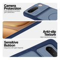 Blue phone case for Vivo T5 5G showing camera safety edges, anti slip side grip and easy press button covers.