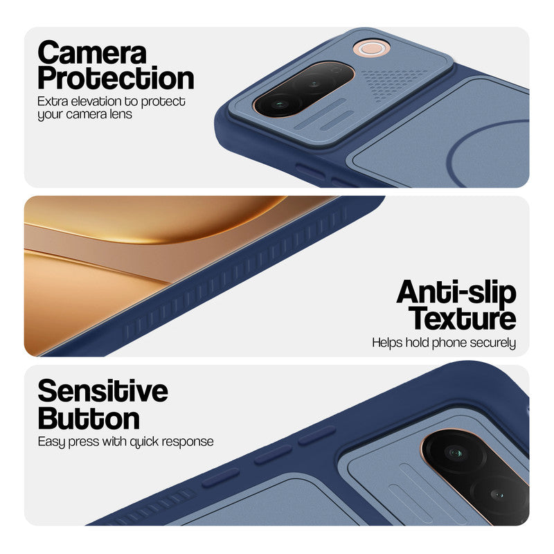 Blue phone case for Vivo T5 5G showing camera safety edges, anti slip side grip and easy press button covers.