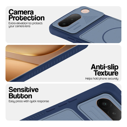 Blue phone case for Vivo T5 5G showing camera safety edges, anti slip side grip and easy press button covers.