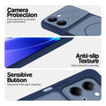 Blue phone case for Vivo T5 Lite 5G showing camera safety edges, anti slip side grip and easy press button covers.