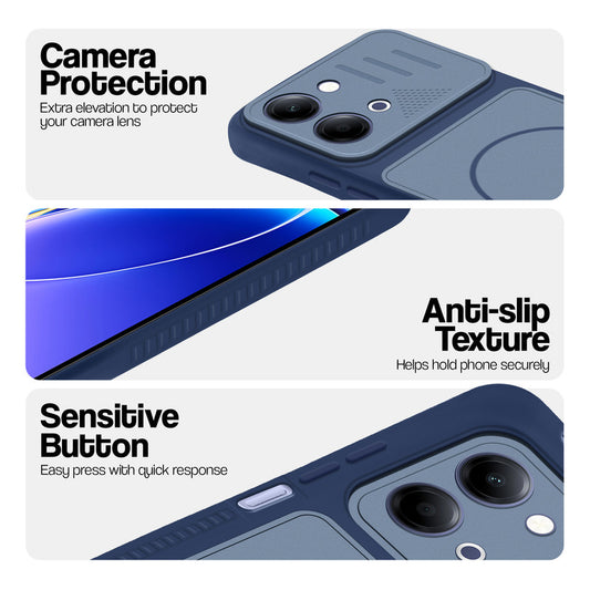 Blue phone case for Vivo T5 Lite 5G showing camera safety edges, anti slip side grip and easy press button covers.