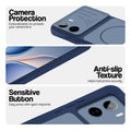 Blue phone case for Vivo T5 Pro 5G showing camera safety edges, anti slip side grip and easy press button covers.