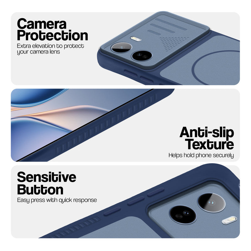 Blue phone case for Vivo T5 Pro 5G showing camera safety edges, anti slip side grip and easy press button covers.