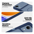 Blue phone case for Vivo T5e 5G showing camera safety edges, anti slip side grip and easy press button covers.