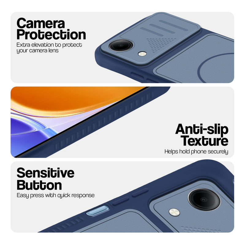 Blue phone case for Vivo T5e 5G showing camera safety edges, anti slip side grip and easy press button covers.