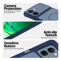 Blue phone case for Vivo T5x 5G showing camera safety edges, anti slip side grip and easy press button covers.