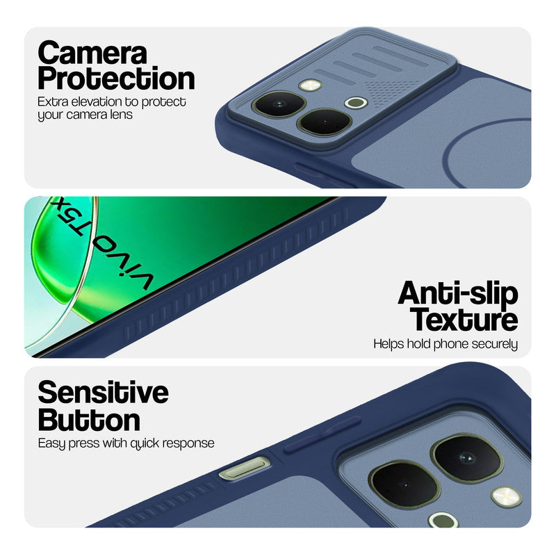 Blue phone case for Vivo T5x 5G showing camera safety edges, anti slip side grip and easy press button covers.
