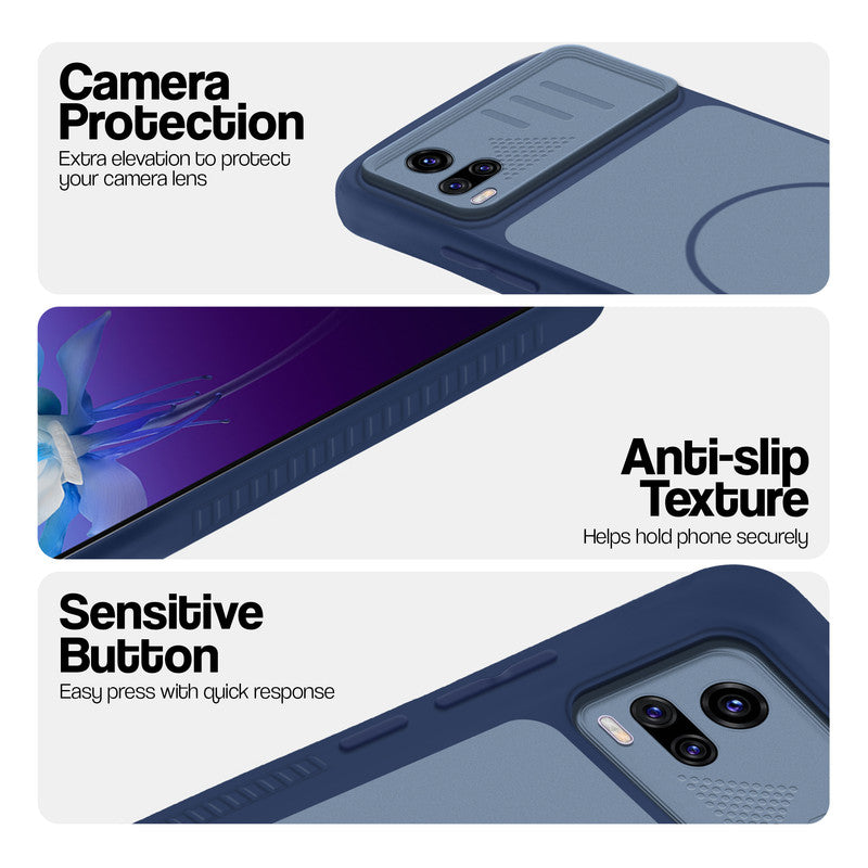 Blue phone case for Vivo V20 showing camera safety edges, anti slip side grip and easy press button covers.
