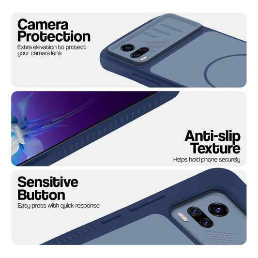 Blue phone case for Vivo V20 showing camera safety edges, anti slip side grip and easy press button covers.