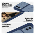 Blue phone case for Vivo V21e 5G showing camera safety edges, anti slip side grip and easy press button covers.