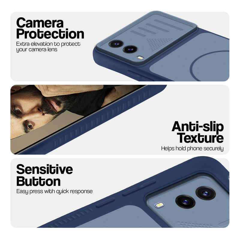 Blue phone case for Vivo V21e 5G showing camera safety edges, anti slip side grip and easy press button covers.