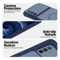 Blue phone case for Vivo V23e 5G showing camera safety edges, anti slip side grip and easy press button covers.