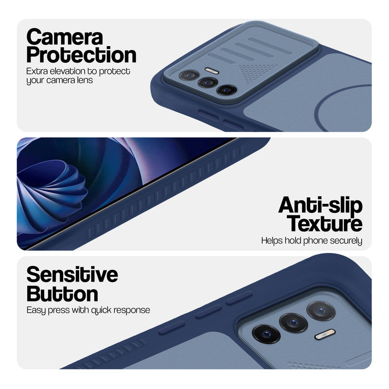 Blue phone case for Vivo V23e 5G showing camera safety edges, anti slip side grip and easy press button covers.