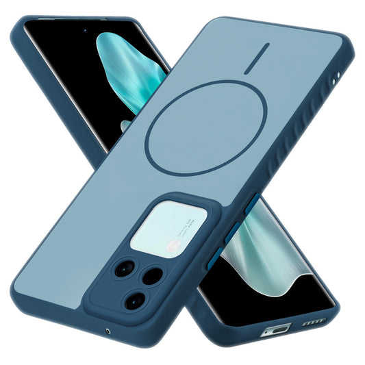 Matte Silicone Dual Color Back Cover with Metal Buttons & Ring Design for Vivo V30 5G
