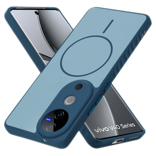 Matte Silicone Dual Color Back Cover with Metal Buttons & Ring Design for Vivo V40 5G