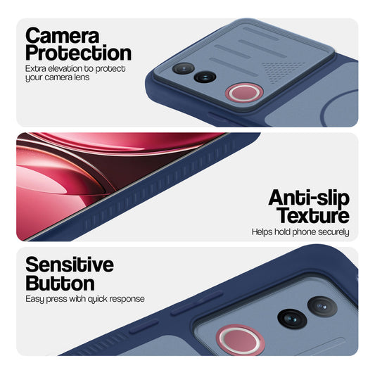 Blue phone case for Vivo V50 5G showing camera safety edges, anti slip side grip and easy press button covers.