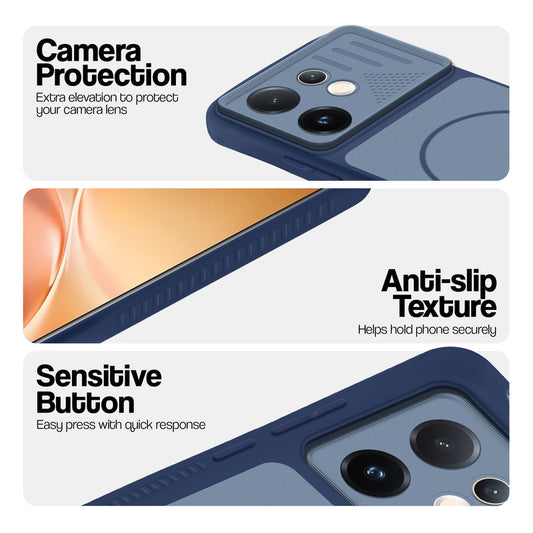 Blue phone case for Vivo V60 5G showing camera safety edges, anti slip side grip and easy press button covers.