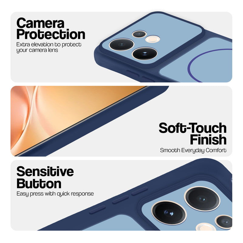 Blue phone case for Vivo V60 5G showing camera safety edges, anti slip side grip and easy press button covers.