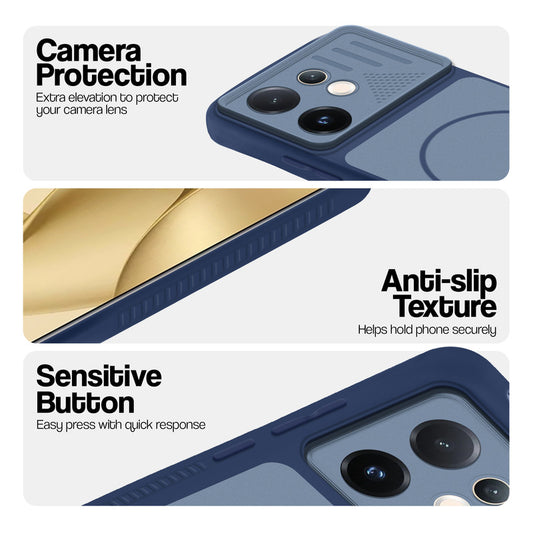 Blue phone case for Vivo V60E 5G showing camera safety edges, anti slip side grip and easy press button covers.